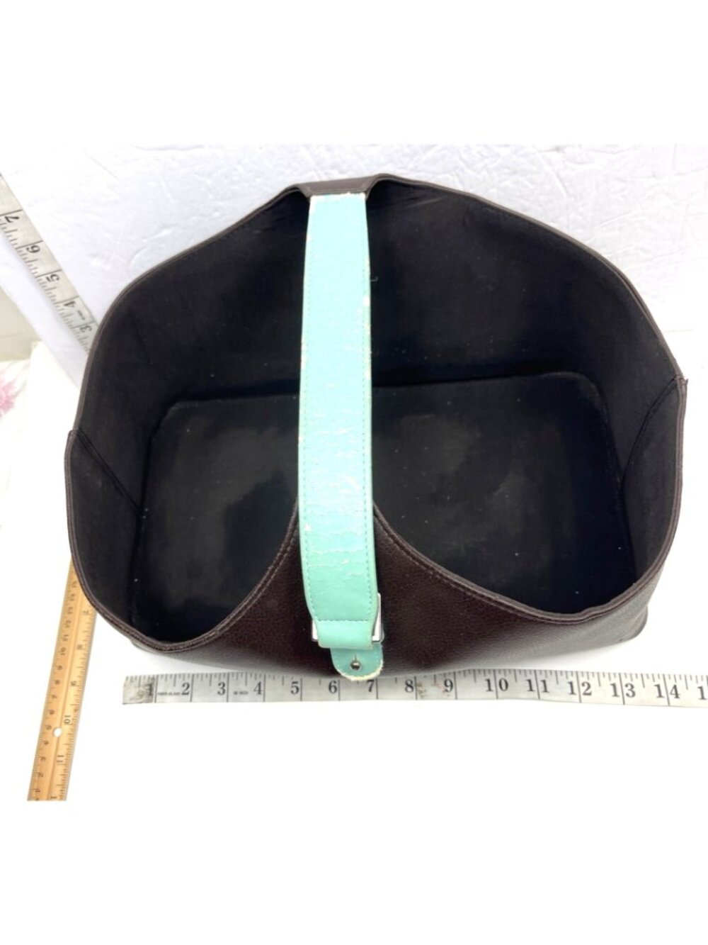 Brown Faux Leather Basket Organizer W/ Teal Handle 15"x8"x7" Preowned C132 - Picture 4 of 7